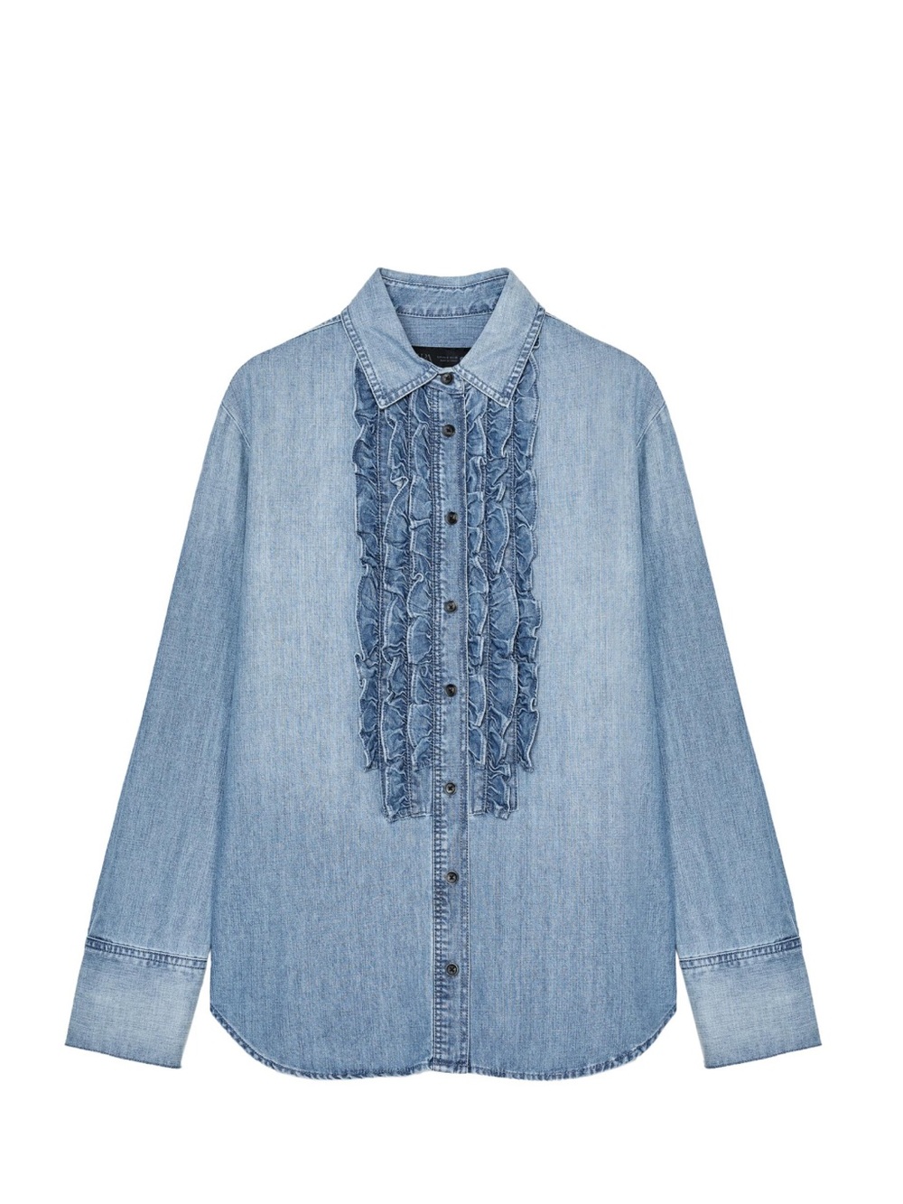 Zara Light Blue Denim Ruffle Button-Down Shirt
